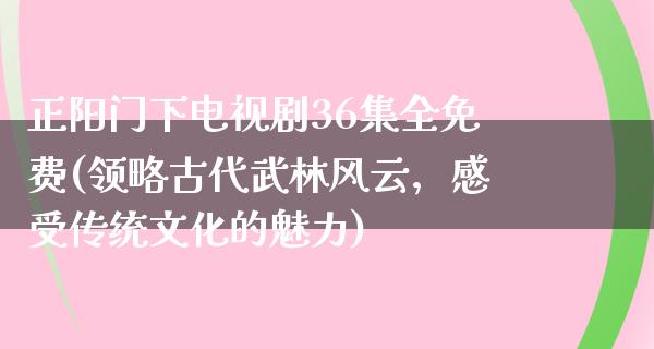 正阳门下电视剧36集全免费(领略古代武林风云，感受传统文化的魅力)